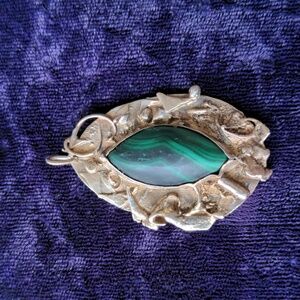 Vintage 925 Sterling Silver Art Nouveau Naturalistic Pendant, Natural Malachite